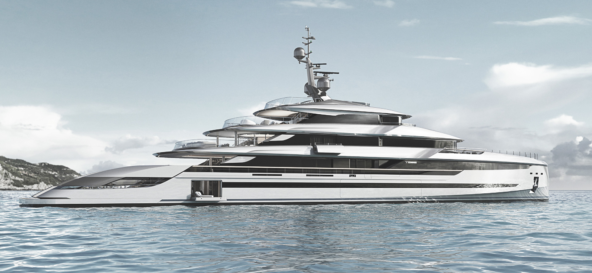 Design rendering of a contemporary large superyacht